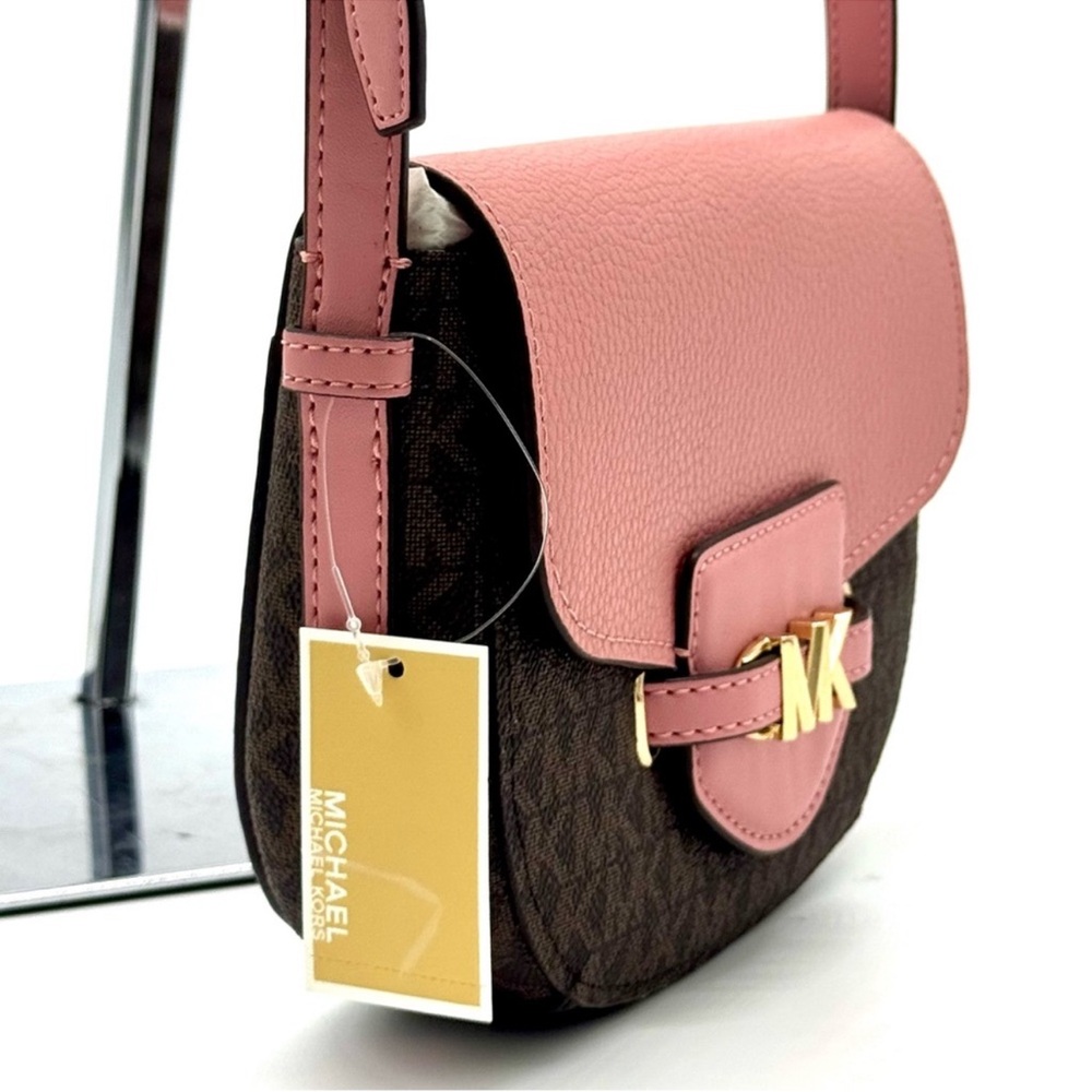 Michael Kors Small Reed Leather Saddle Crossbody Bag Brown/Light Pink - Picture 4 of 9